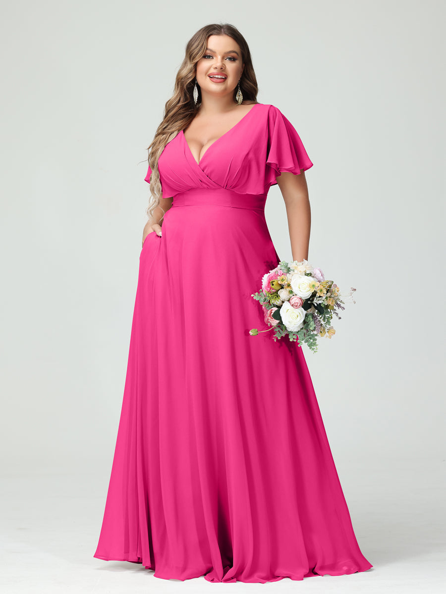 Princesa/Formato A Decote Em V Manga Curta Chiffon Vestidos de Dama de Honra com Bolsos