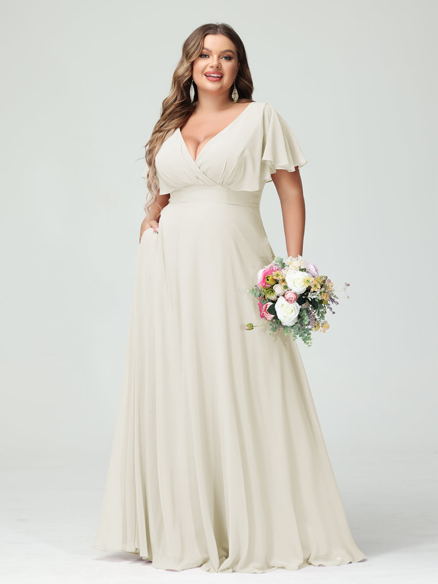 Princesa/Formato A Decote Em V Manga Curta Chiffon Vestidos de Dama de Honra com Bolsos