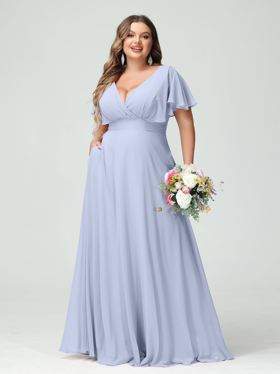 Princesa/Formato A Decote Em V Manga Curta Chiffon Vestidos de Dama de Honra com Bolsos