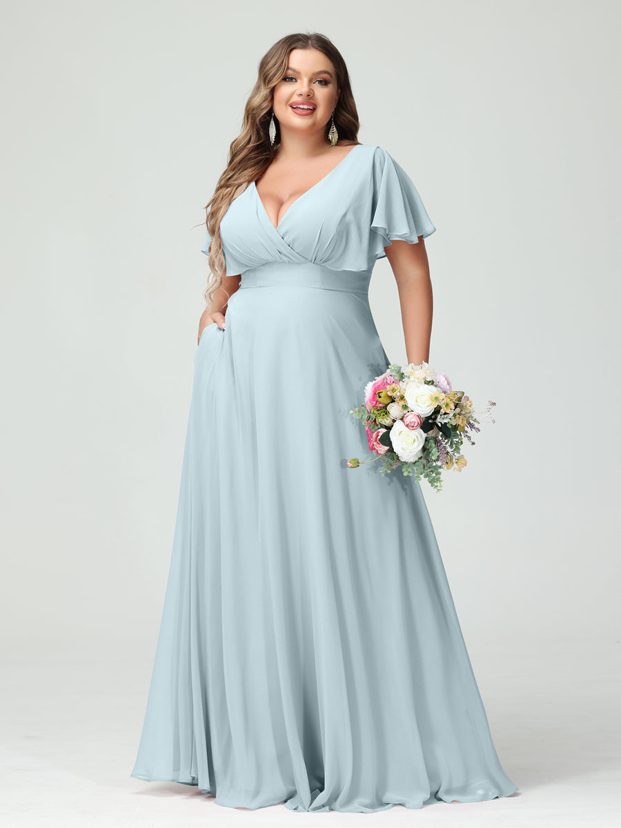 Princesa/Formato A Decote Em V Manga Curta Chiffon Vestidos de Dama de Honra com Bolsos