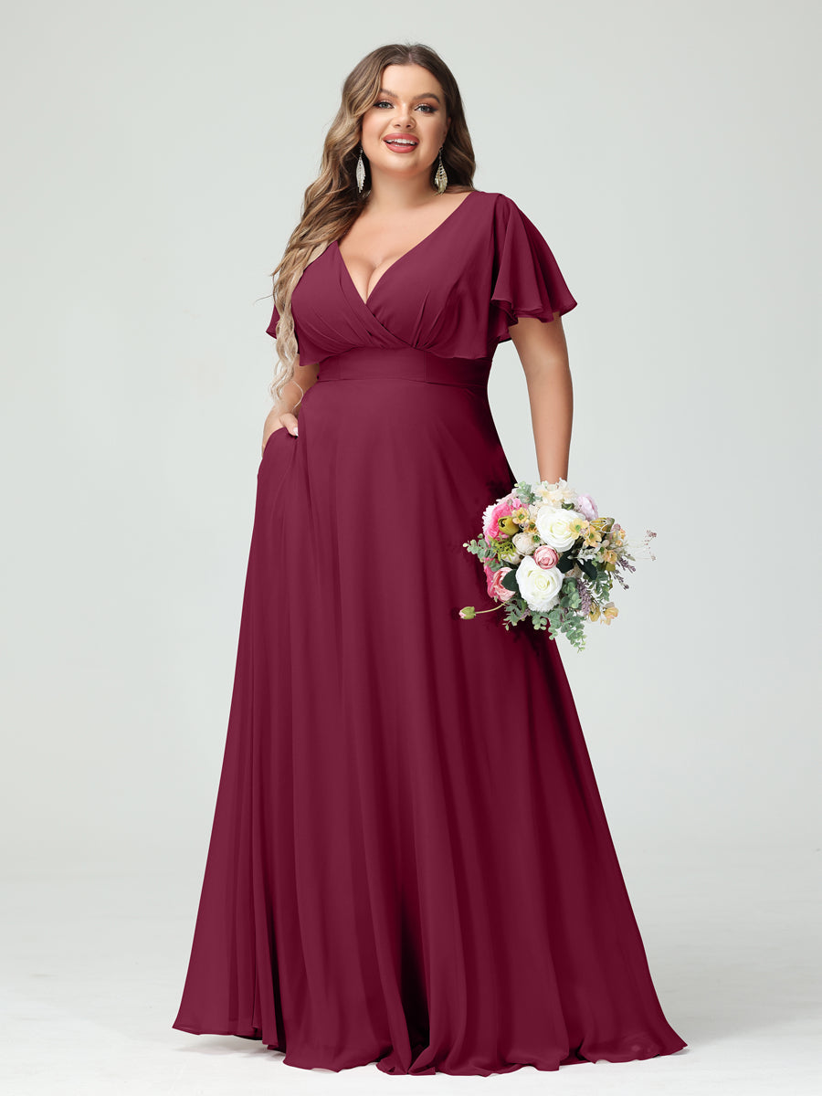 Princesa/Formato A Decote Em V Manga Curta Chiffon Vestidos de Dama de Honra com Bolsos