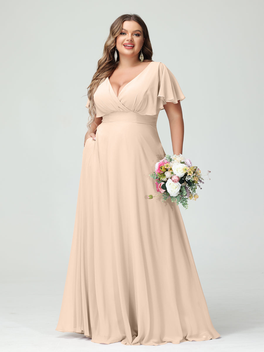 Princesa/Formato A Decote Em V Manga Curta Chiffon Vestidos de Dama de Honra com Bolsos