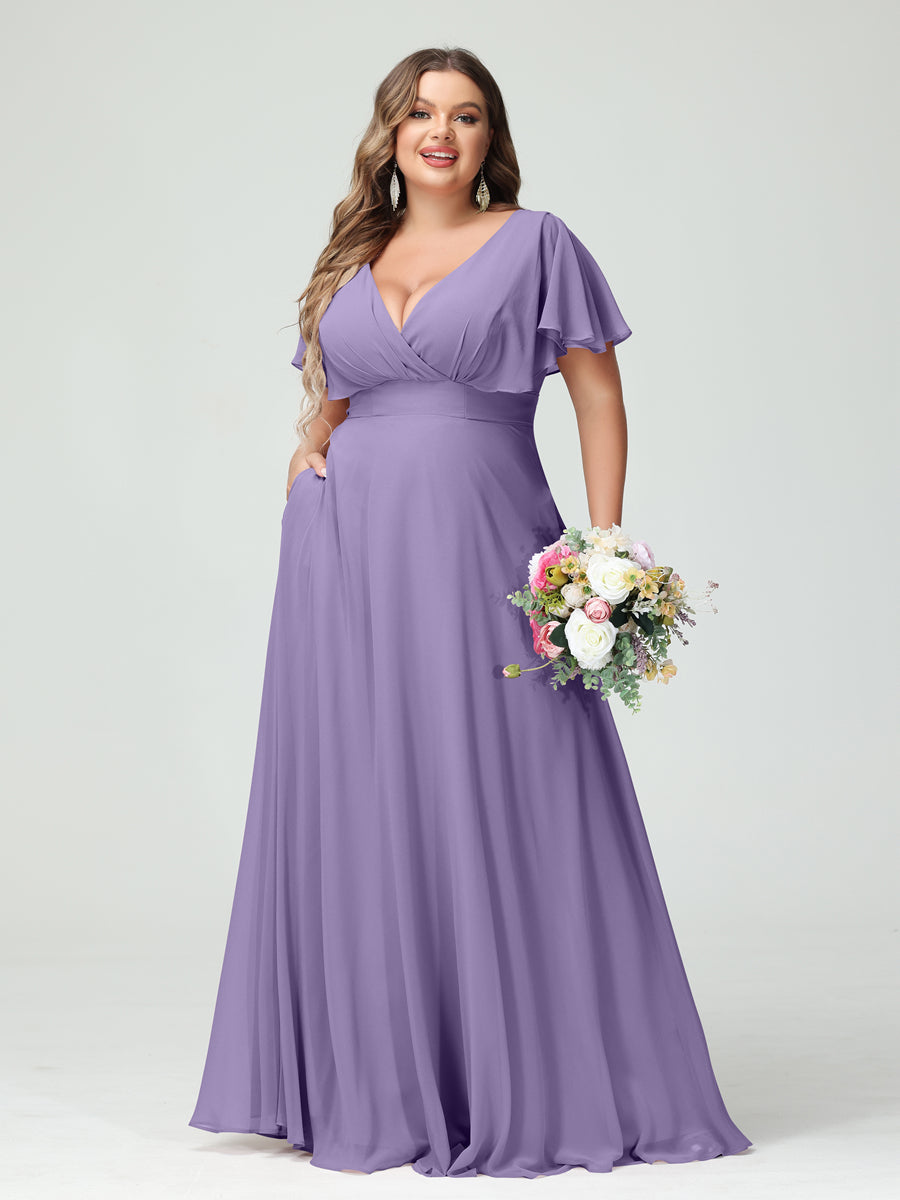Princesa/Formato A Decote Em V Manga Curta Chiffon Vestidos de Dama de Honra com Bolsos