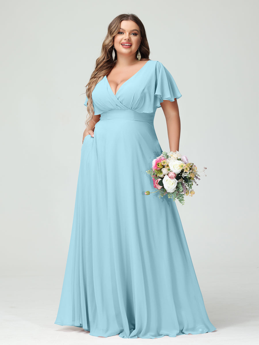 Princesa/Formato A Decote Em V Manga Curta Chiffon Vestidos de Dama de Honra com Bolsos
