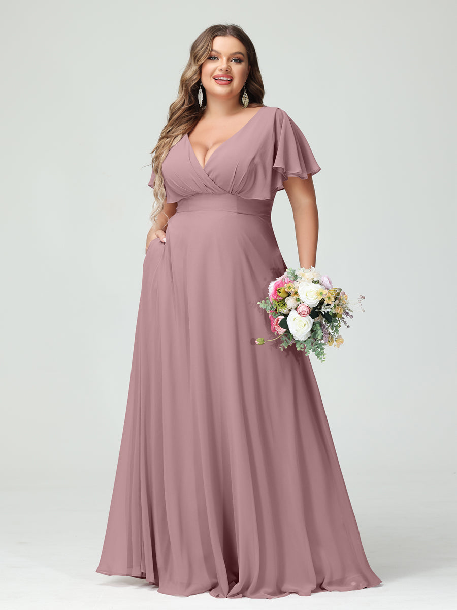 Princesa/Formato A Decote Em V Manga Curta Chiffon Vestidos de Dama de Honra com Bolsos