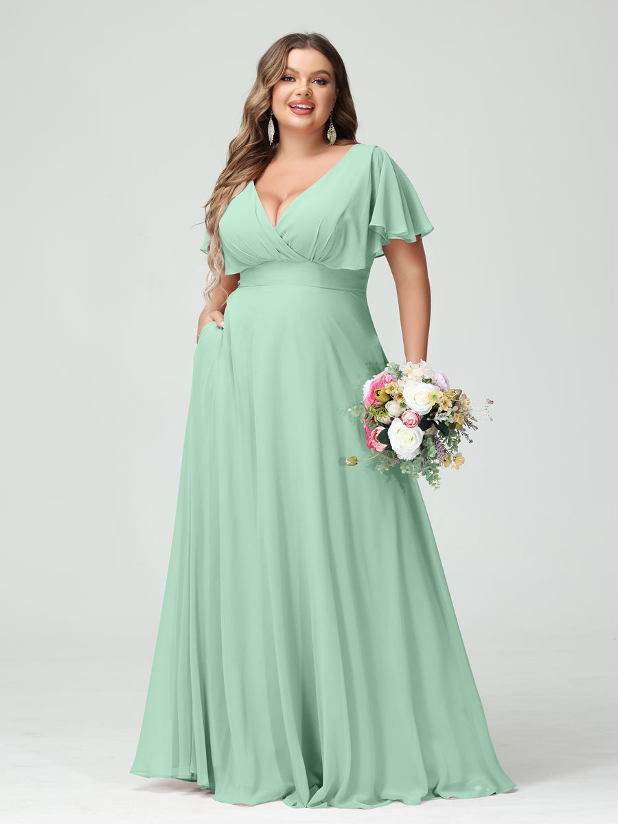 Princesa/Formato A Decote Em V Manga Curta Chiffon Vestidos de Dama de Honra com Bolsos