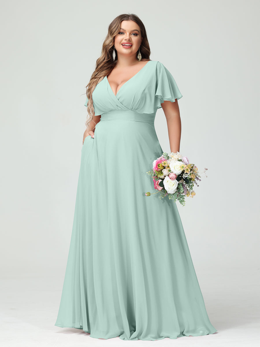 Princesa/Formato A Decote Em V Manga Curta Chiffon Vestidos de Dama de Honra com Bolsos