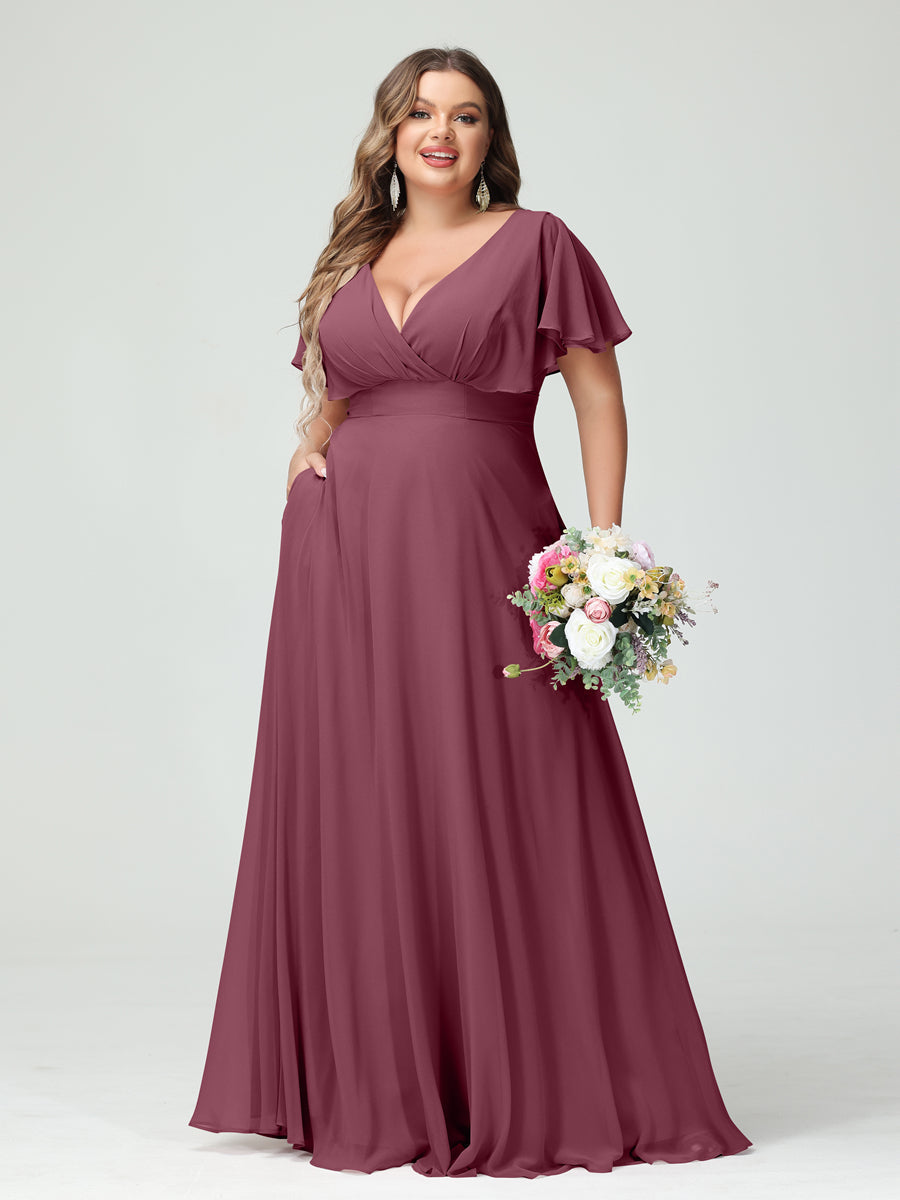 Princesa/Formato A Decote Em V Manga Curta Chiffon Vestidos de Dama de Honra com Bolsos