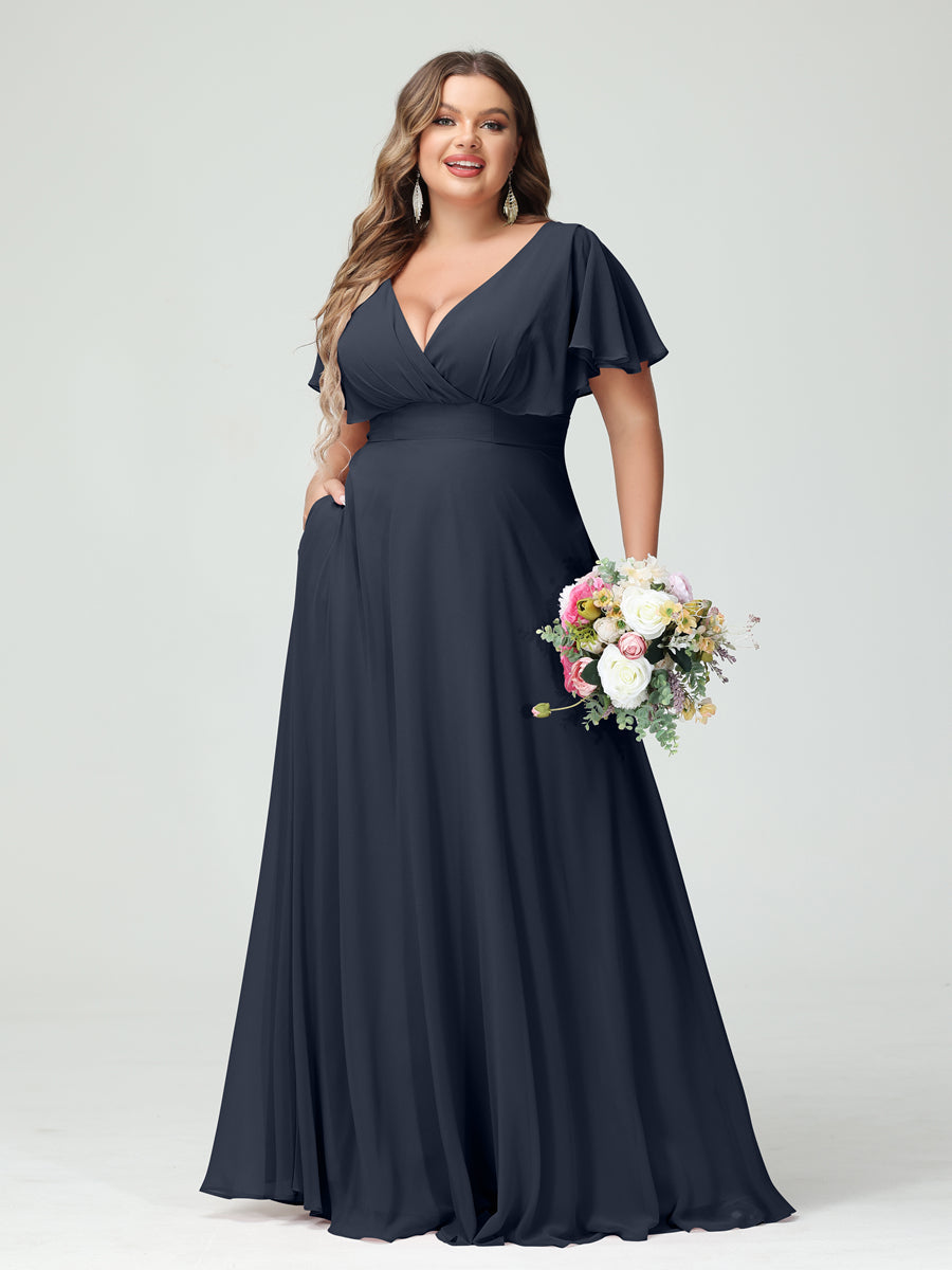 Princesa/Formato A Decote Em V Manga Curta Chiffon Vestidos de Dama de Honra com Bolsos