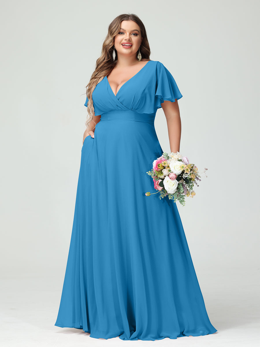 Princesa/Formato A Decote Em V Manga Curta Chiffon Vestidos de Dama de Honra com Bolsos