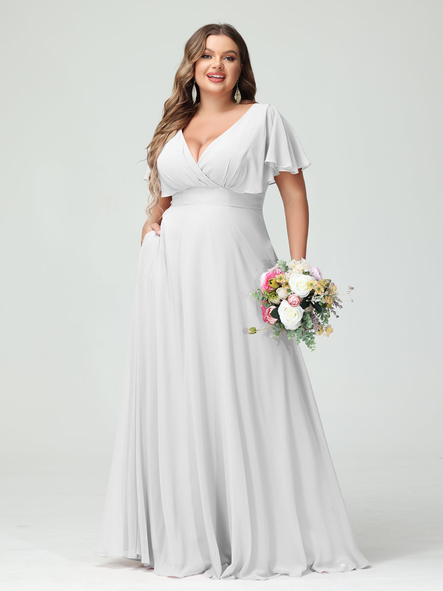 Princesa/Formato A Decote Em V Manga Curta Chiffon Vestidos de Dama de Honra com Bolsos