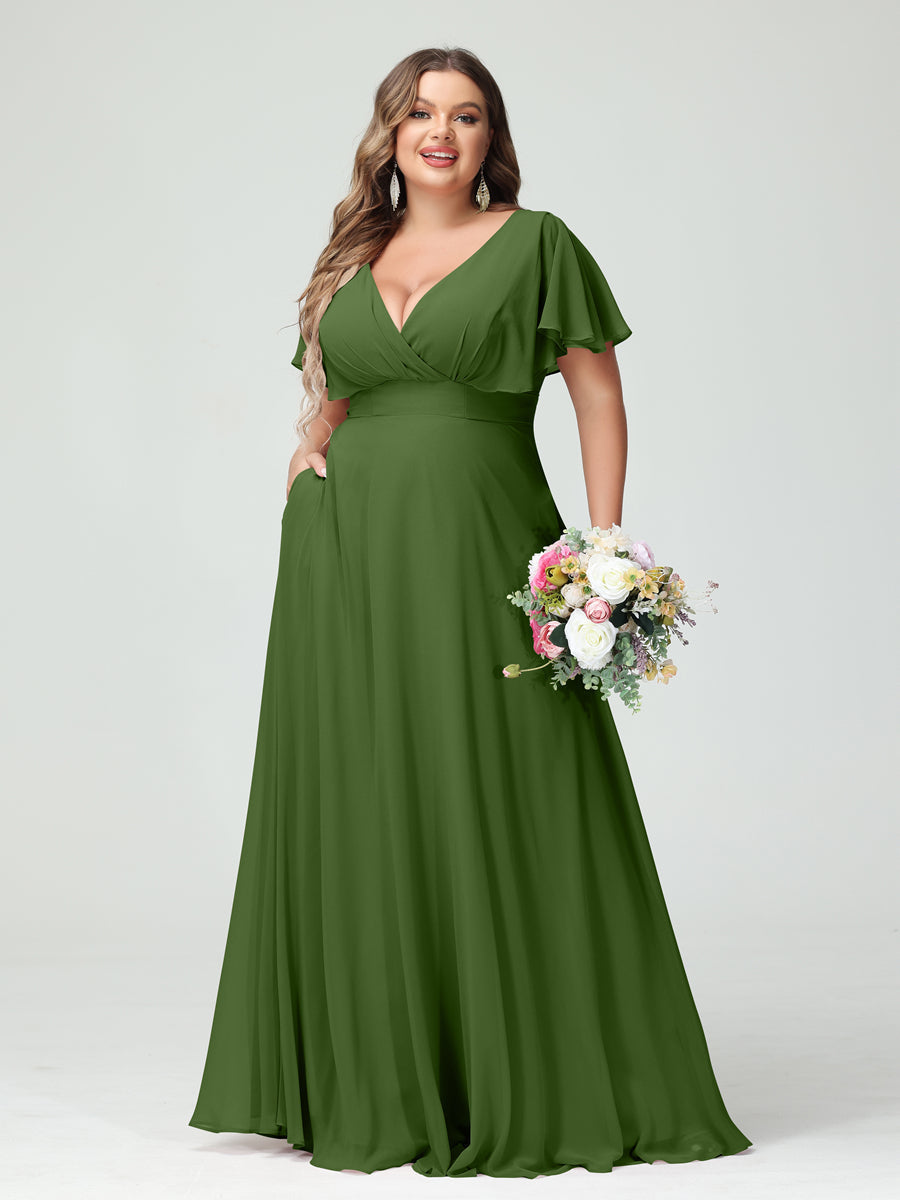Princesa/Formato A Decote Em V Manga Curta Chiffon Vestidos de Dama de Honra com Bolsos