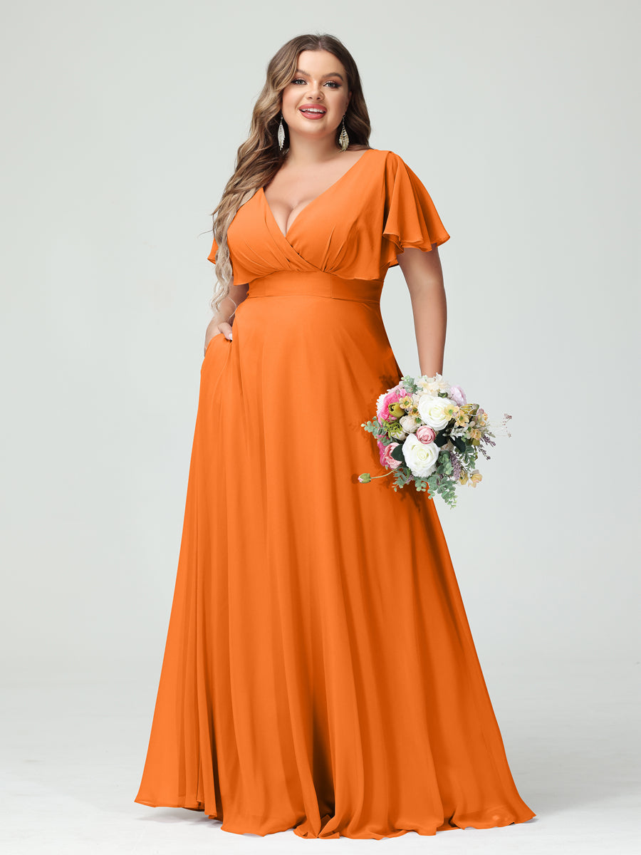 Princesa/Formato A Decote Em V Manga Curta Chiffon Vestidos de Dama de Honra com Bolsos