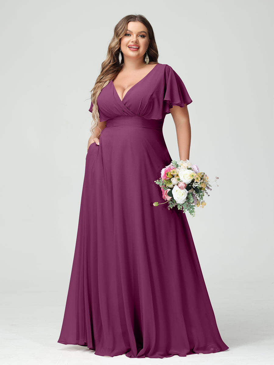 Princesa/Formato A Decote Em V Manga Curta Chiffon Vestidos de Dama de Honra com Bolsos