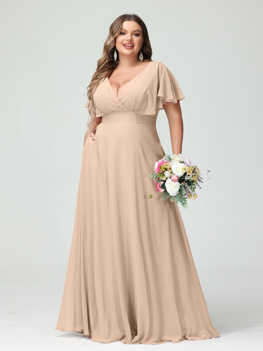 Princesa/Formato A Decote Em V Manga Curta Chiffon Vestidos de Dama de Honra com Bolsos