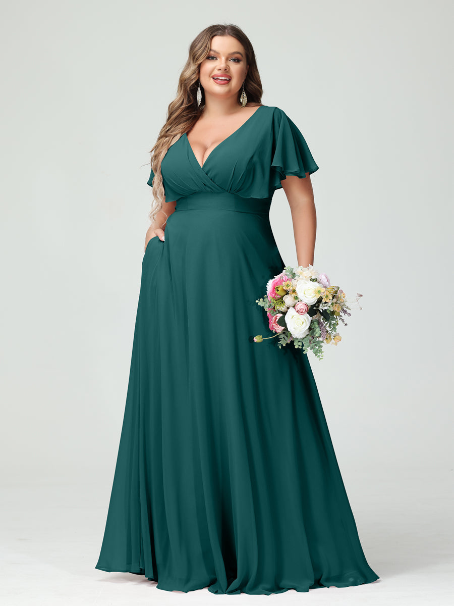 Princesa/Formato A Decote Em V Manga Curta Chiffon Vestidos de Dama de Honra com Bolsos