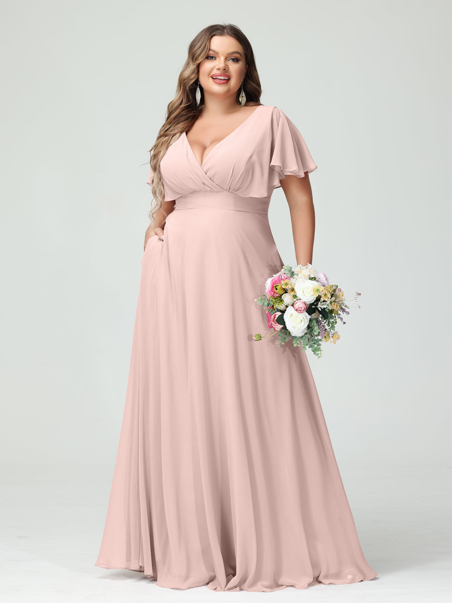 Princesa/Formato A Decote Em V Manga Curta Chiffon Vestidos de Dama de Honra com Bolsos