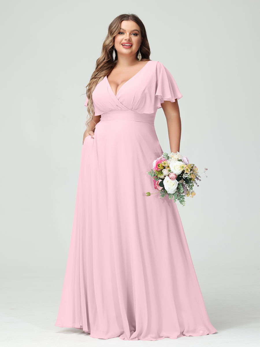 Princesa/Formato A Decote Em V Manga Curta Chiffon Vestidos de Dama de Honra com Bolsos