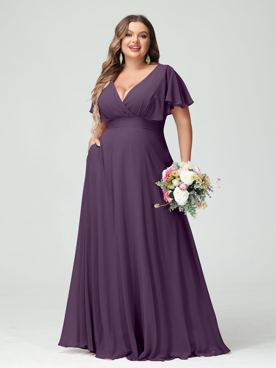 Princesa/Formato A Decote Em V Manga Curta Chiffon Vestidos de Dama de Honra com Bolsos