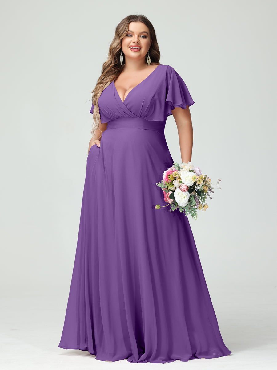Princesa/Formato A Decote Em V Manga Curta Chiffon Vestidos de Dama de Honra com Bolsos