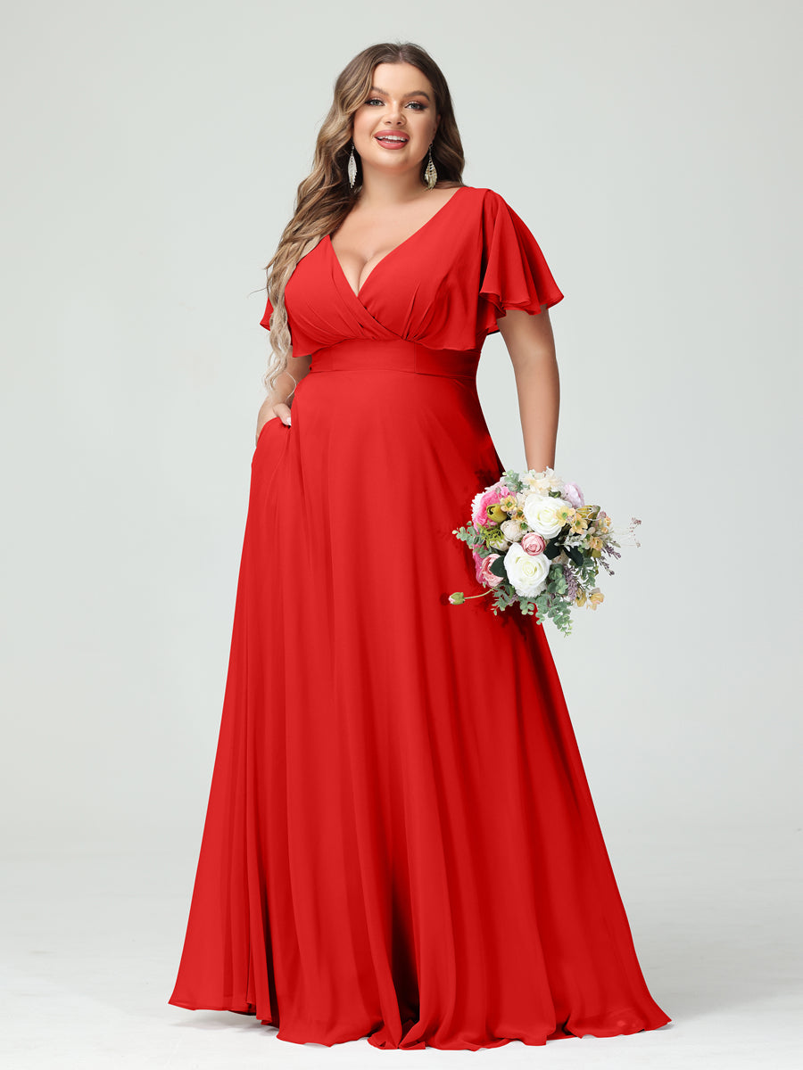 Princesa/Formato A Decote Em V Manga Curta Chiffon Vestidos de Dama de Honra com Bolsos