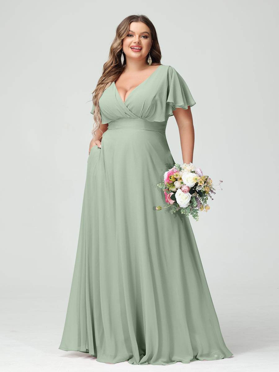 Princesa/Formato A Decote Em V Manga Curta Chiffon Vestidos de Dama de Honra com Bolsos