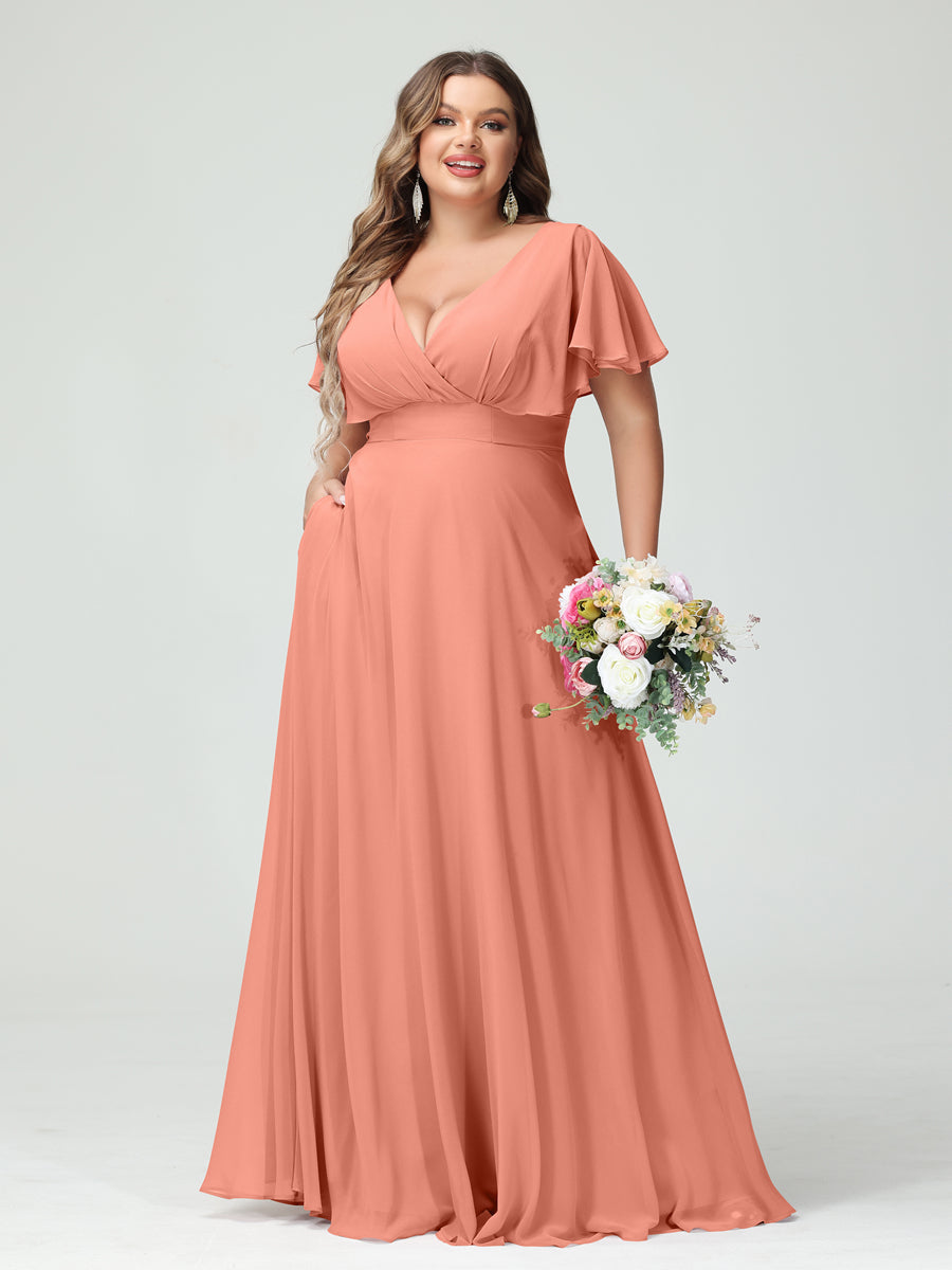Princesa/Formato A Decote Em V Manga Curta Chiffon Vestidos de Dama de Honra com Bolsos