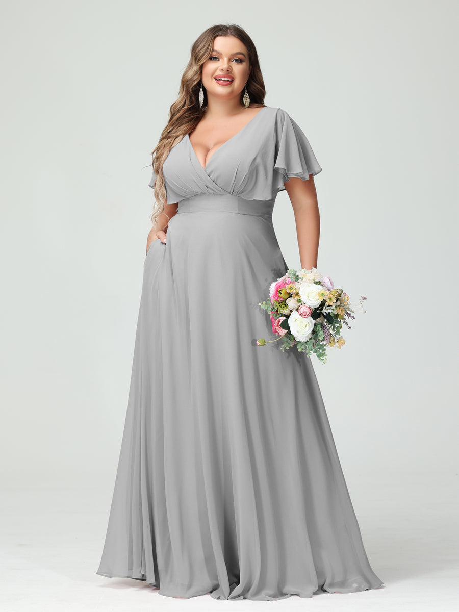 Princesa/Formato A Decote Em V Manga Curta Chiffon Vestidos de Dama de Honra com Bolsos
