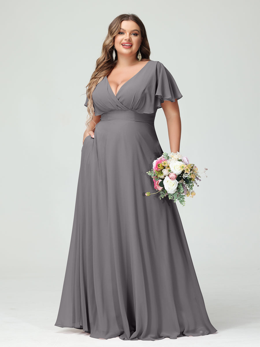 Princesa/Formato A Decote Em V Manga Curta Chiffon Vestidos de Dama de Honra com Bolsos