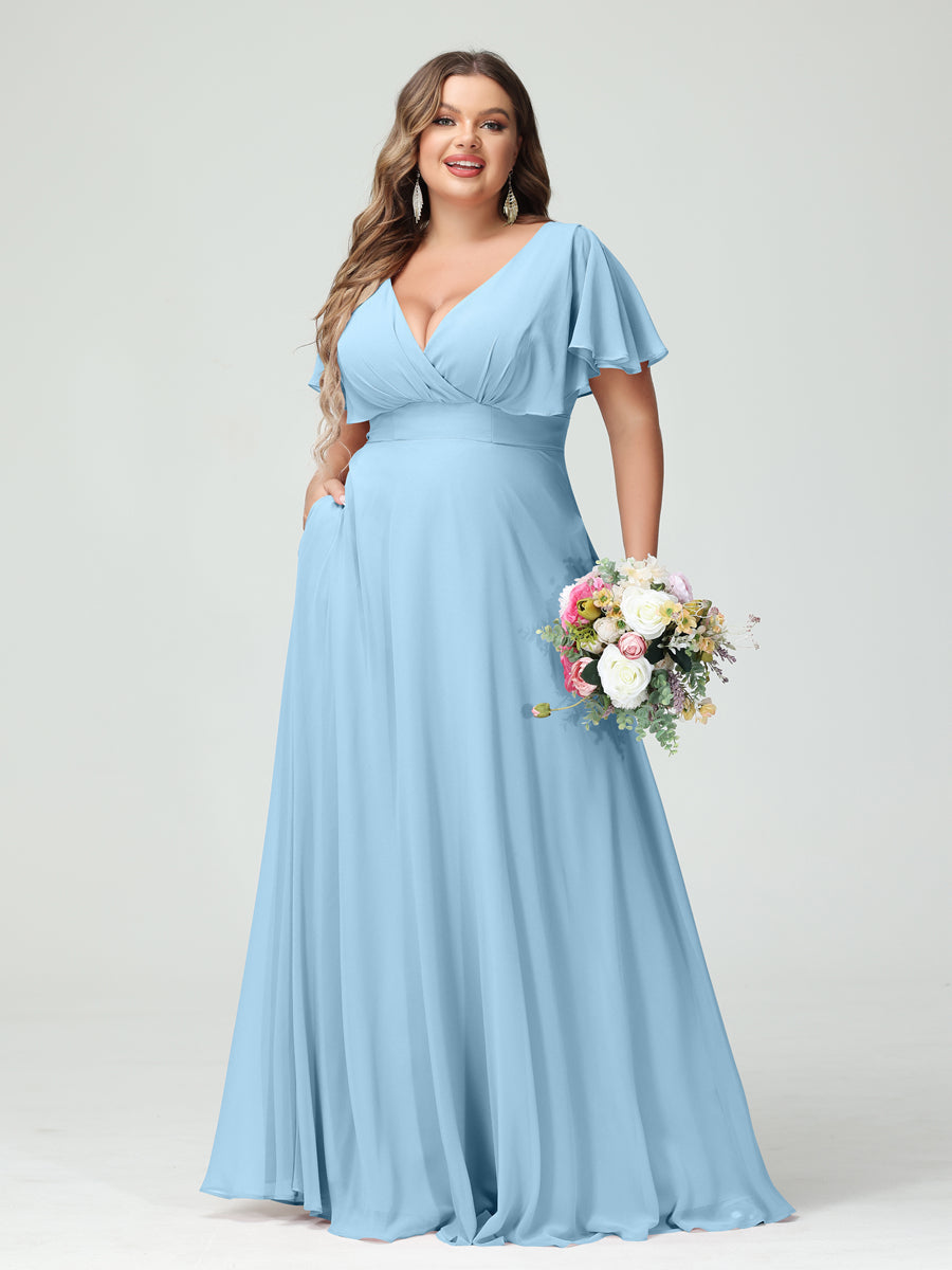 Princesa/Formato A Decote Em V Manga Curta Chiffon Vestidos de Dama de Honra com Bolsos