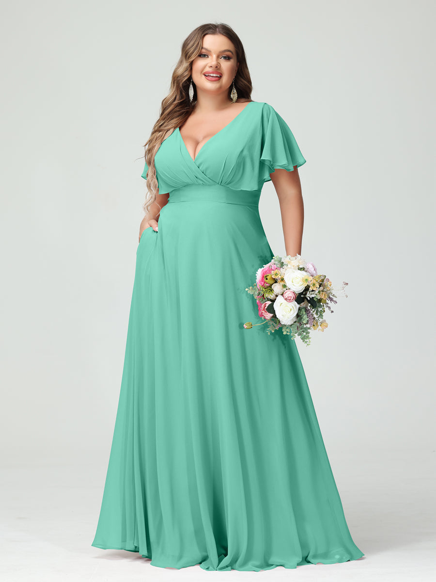 Princesa/Formato A Decote Em V Manga Curta Chiffon Vestidos de Dama de Honra com Bolsos