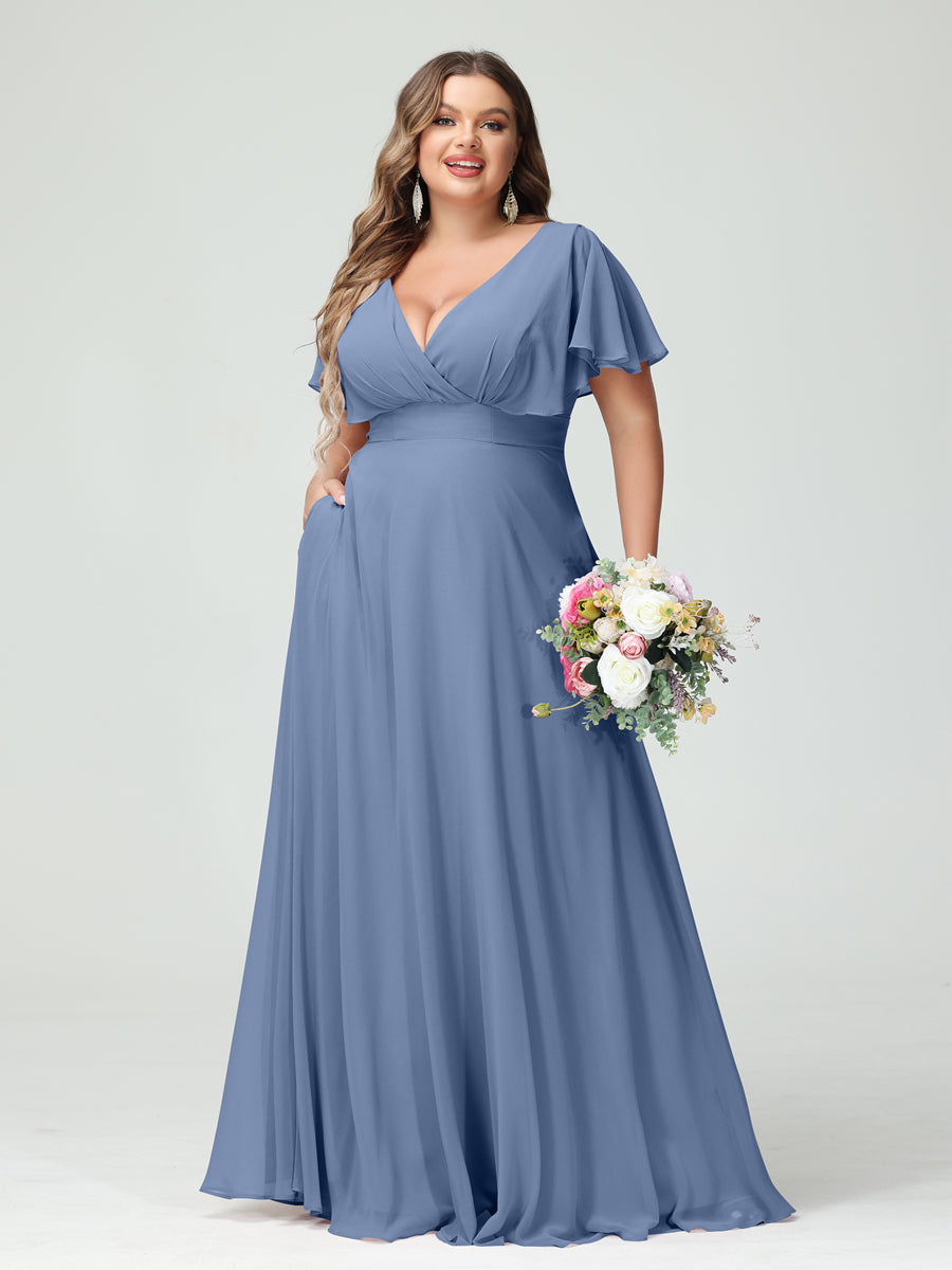 Princesa/Formato A Decote Em V Manga Curta Chiffon Vestidos de Dama de Honra com Bolsos