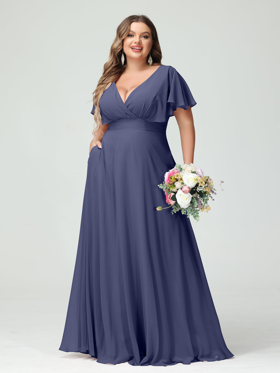 Princesa/Formato A Decote Em V Manga Curta Chiffon Vestidos de Dama de Honra com Bolsos