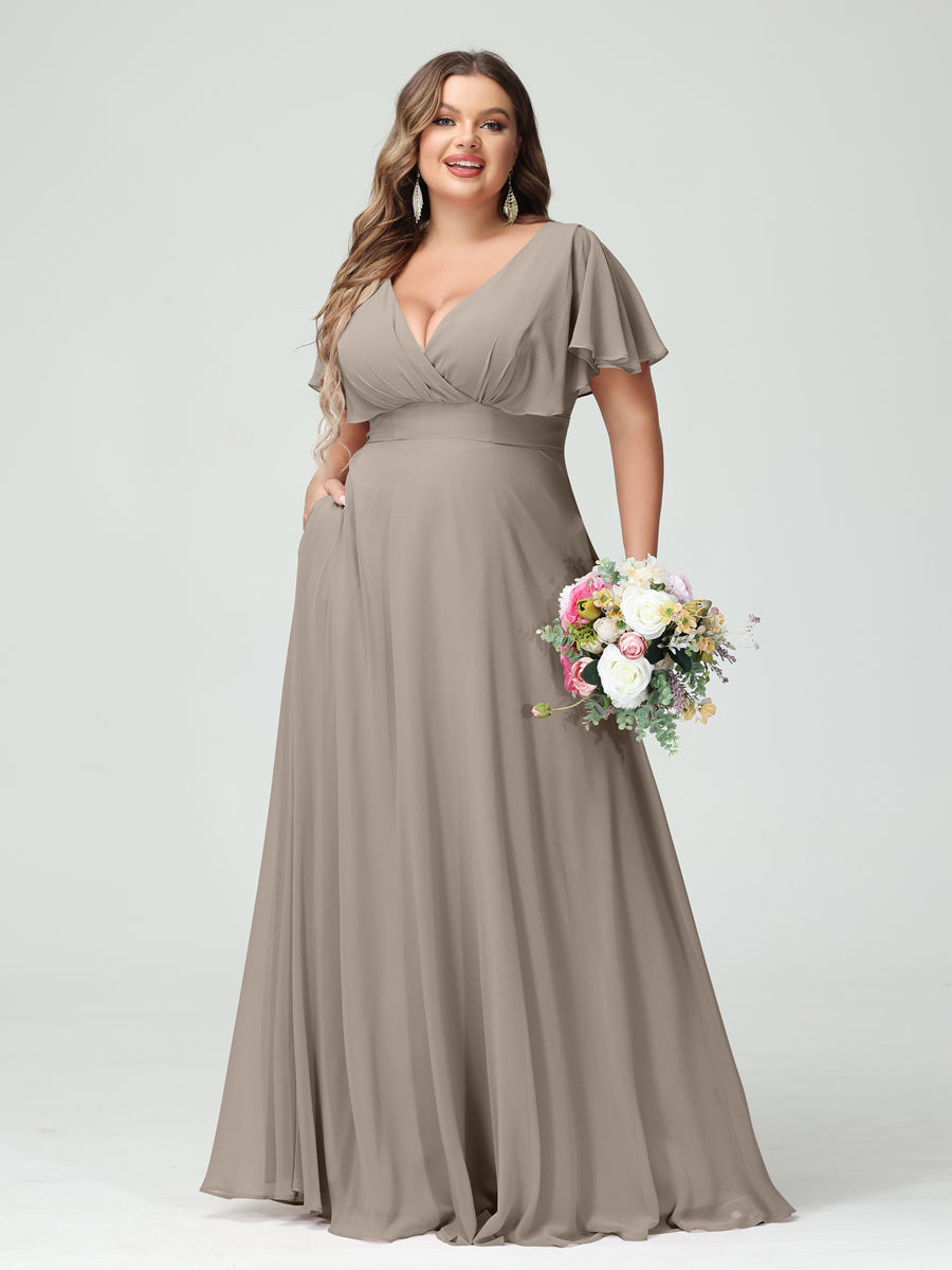 Princesa/Formato A Decote Em V Manga Curta Chiffon Vestidos de Dama de Honra com Bolsos