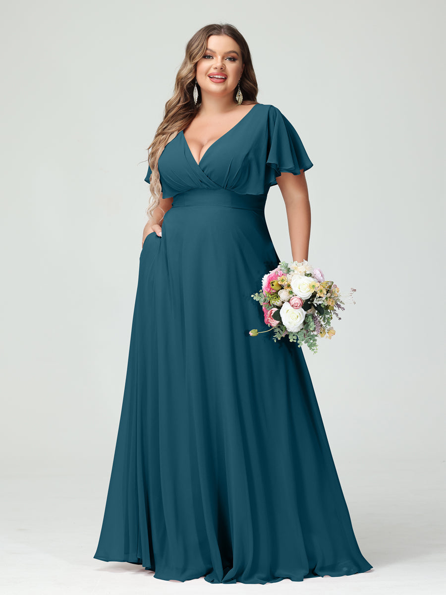 Princesa/Formato A Decote Em V Manga Curta Chiffon Vestidos de Dama de Honra com Bolsos
