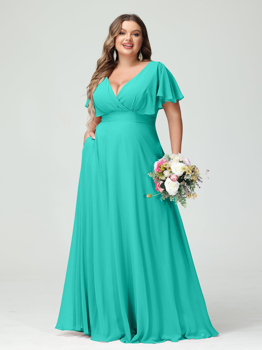 Princesa/Formato A Decote Em V Manga Curta Chiffon Vestidos de Dama de Honra com Bolsos