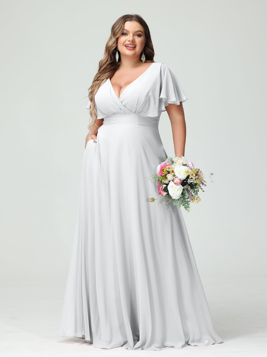 Princesa/Formato A Decote Em V Manga Curta Chiffon Vestidos de Dama de Honra com Bolsos