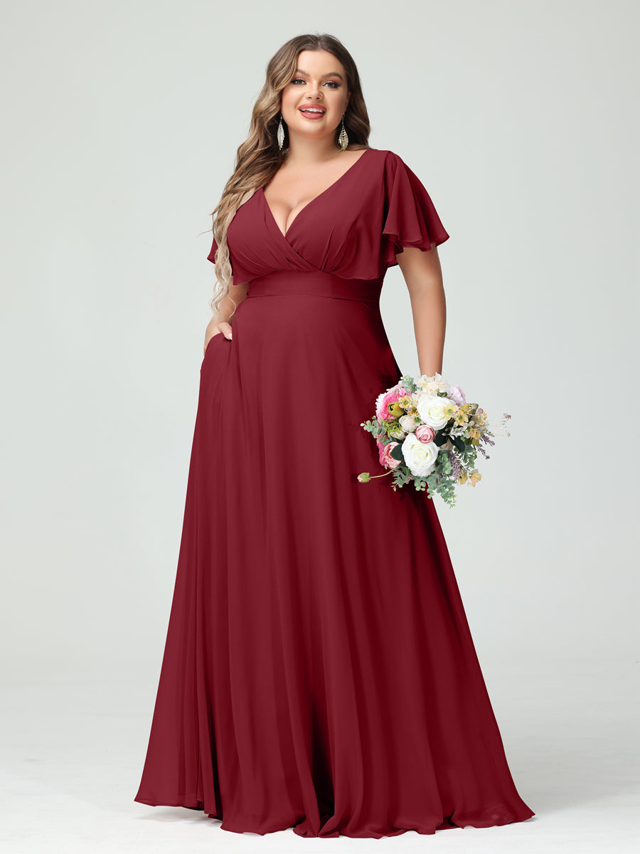 Princesa/Formato A Decote Em V Manga Curta Chiffon Vestidos de Dama de Honra com Bolsos