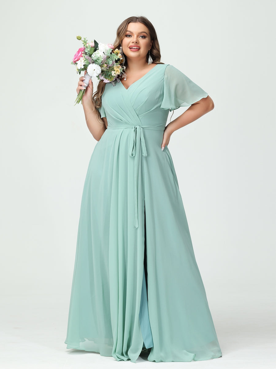 Vestidos Princesa/ Formato A Decote Em V Manga Curta Chiffon Split Side Plus Size Vestidos de Dama de Honra com Bolsos e Cinto