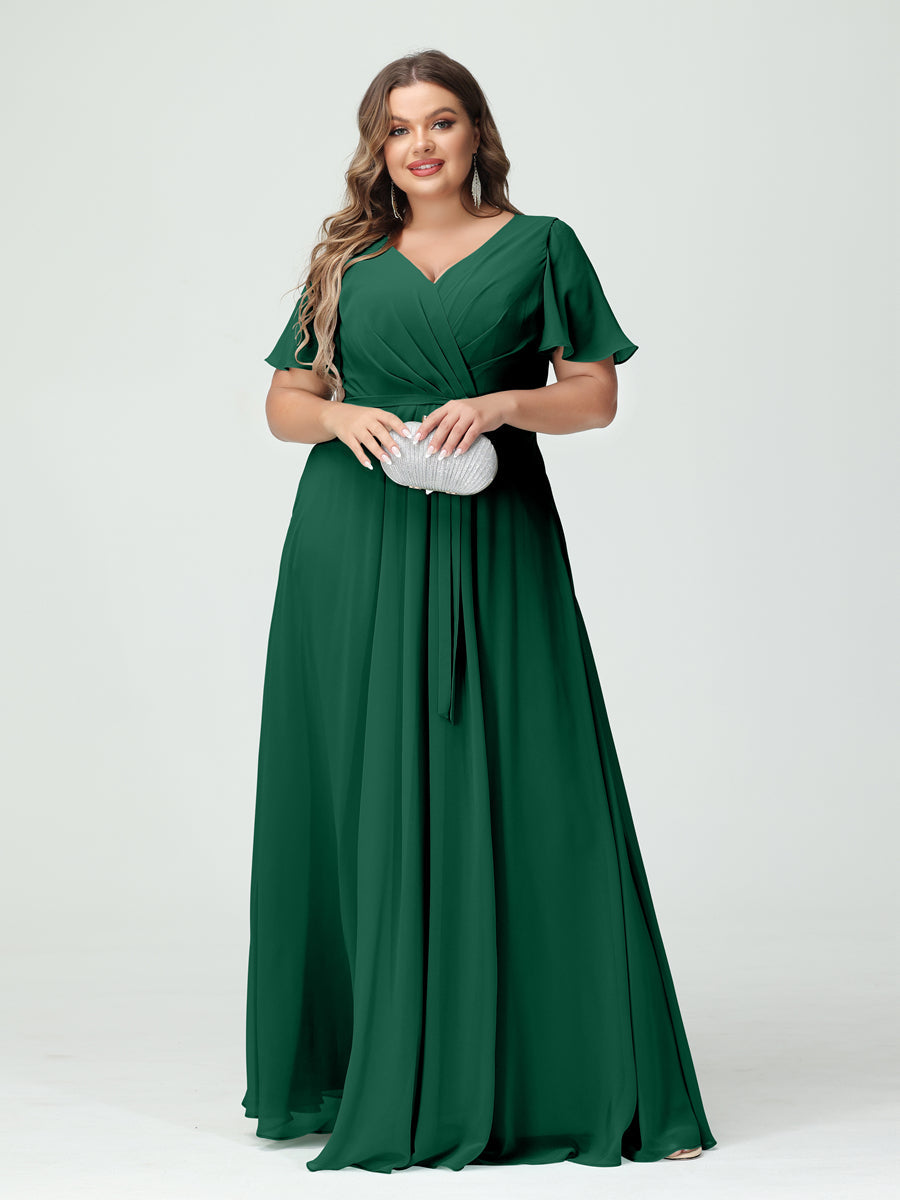 Vestidos Princesa/ Formato A Decote Em V Manga Curta Chiffon Split Side Plus Size Vestidos de Dama de Honra com Bolsos e Cinto
