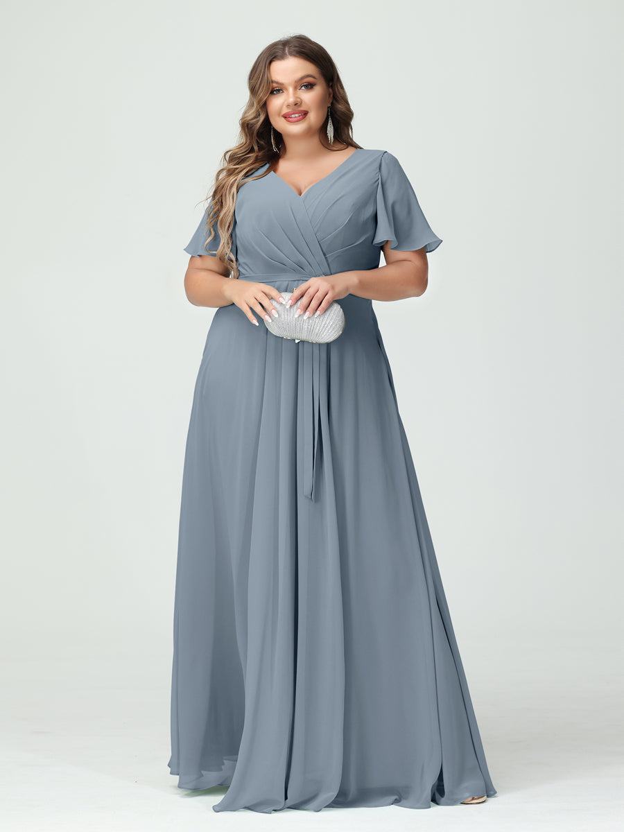 Vestidos Princesa/ Formato A Decote Em V Manga Curta Chiffon Split Side Plus Size Vestidos de Dama de Honra com Bolsos e Cinto