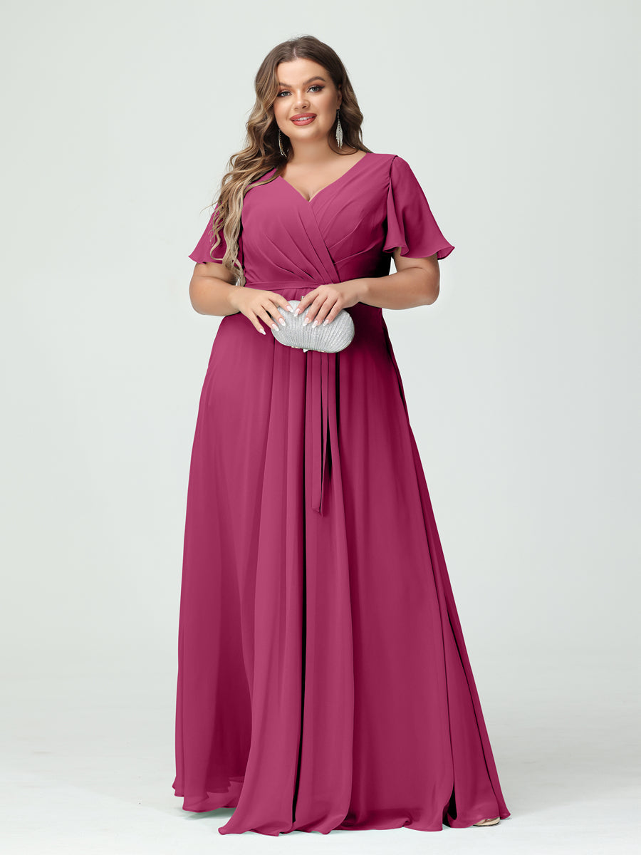 Vestidos Princesa/ Formato A Decote Em V Manga Curta Chiffon Split Side Plus Size Vestidos de Dama de Honra com Bolsos e Cinto