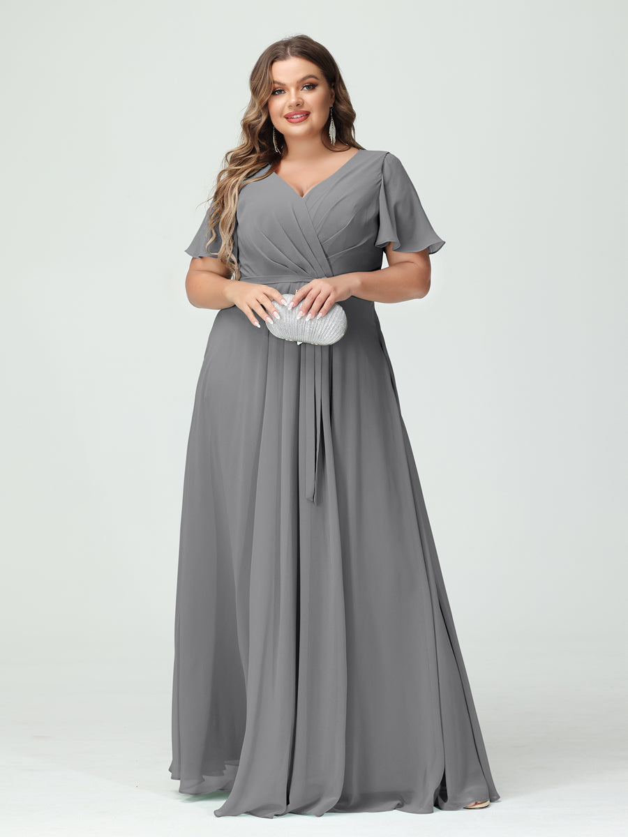 Vestidos Princesa/ Formato A Decote Em V Manga Curta Chiffon Split Side Plus Size Vestidos de Dama de Honra com Bolsos e Cinto