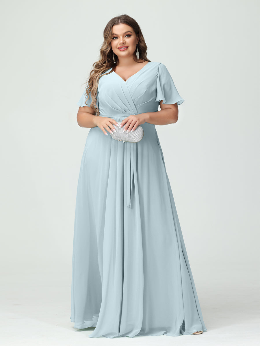 Vestidos Princesa/ Formato A Decote Em V Manga Curta Chiffon Split Side Plus Size Vestidos de Dama de Honra com Bolsos e Cinto