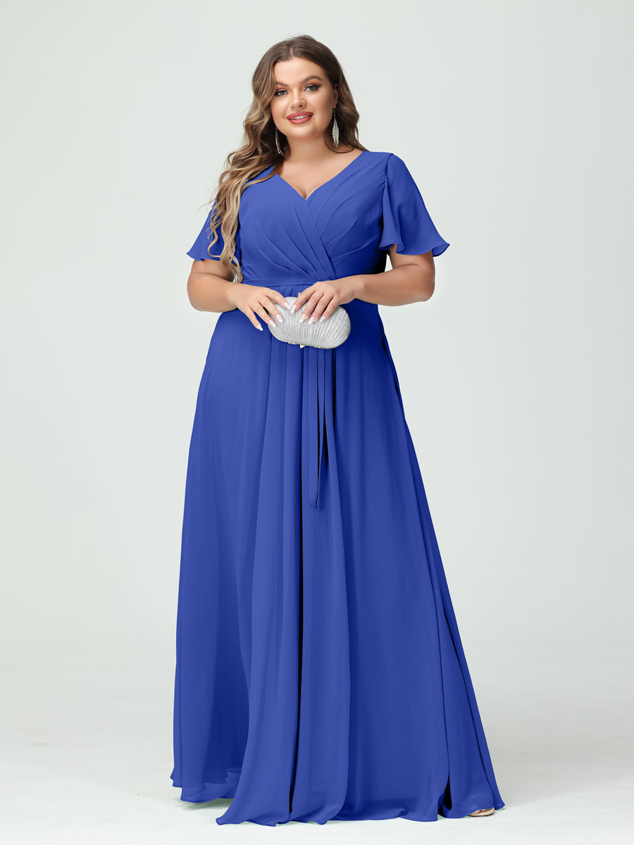 Vestidos Princesa/ Formato A Decote Em V Manga Curta Chiffon Split Side Plus Size Vestidos de Dama de Honra com Bolsos e Cinto