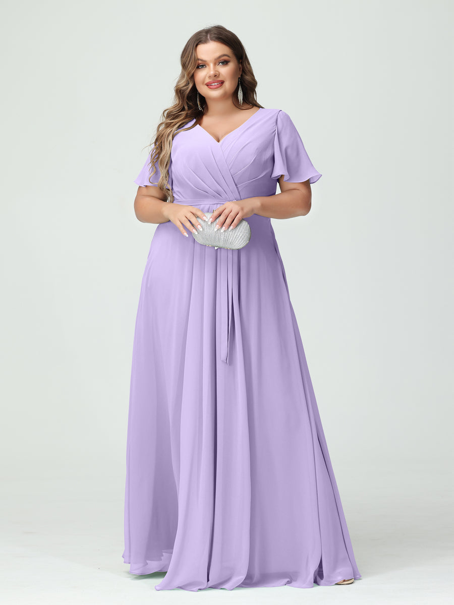 Vestidos Princesa/ Formato A Decote Em V Manga Curta Chiffon Split Side Plus Size Vestidos de Dama de Honra com Bolsos e Cinto