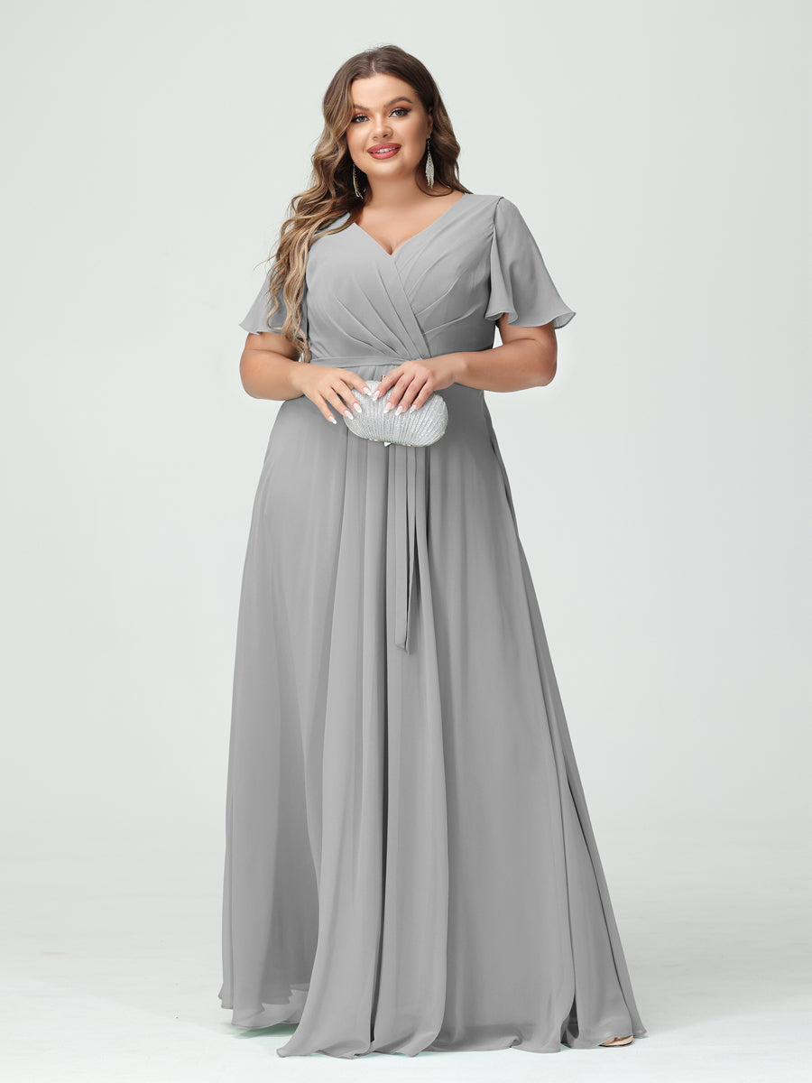 Vestidos Princesa/ Formato A Decote Em V Manga Curta Chiffon Split Side Plus Size Vestidos de Dama de Honra com Bolsos e Cinto