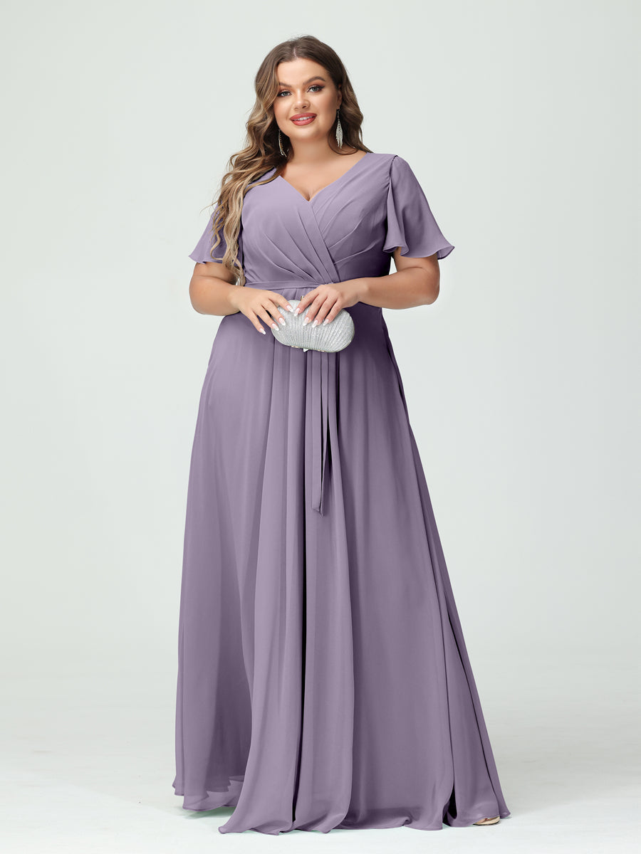 Vestidos Princesa/ Formato A Decote Em V Manga Curta Chiffon Split Side Plus Size Vestidos de Dama de Honra com Bolsos e Cinto