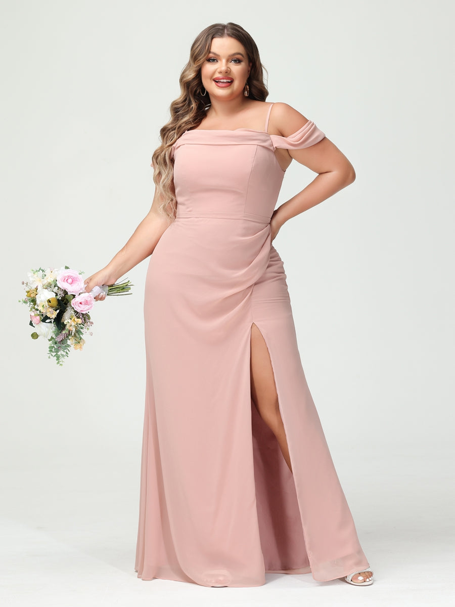 Bainha/Coluna Alças Finas Fora do Ombro Chiffon Split Lado Plus Size Vestidos de Dama de Honra