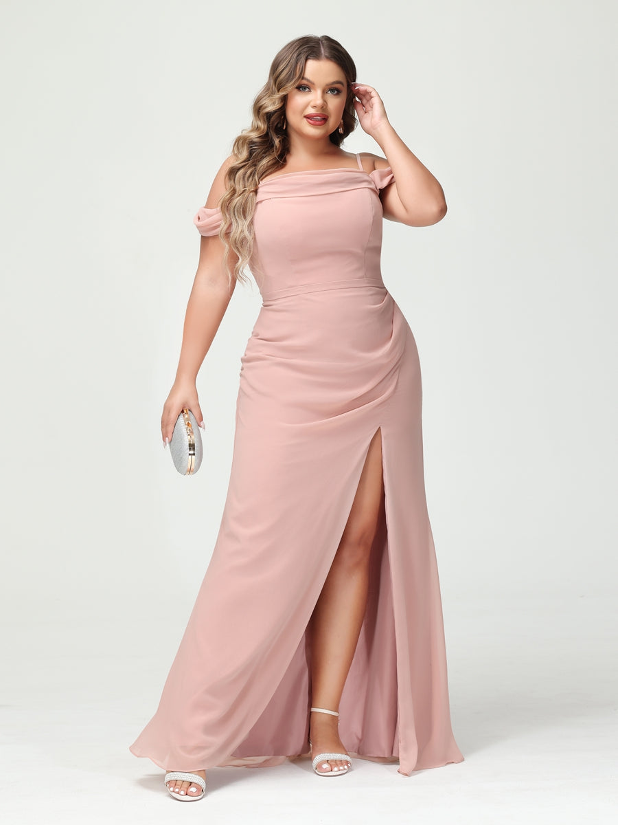 Bainha/Coluna Alças Finas Fora do Ombro Chiffon Split Lado Plus Size Vestidos de Dama de Honra